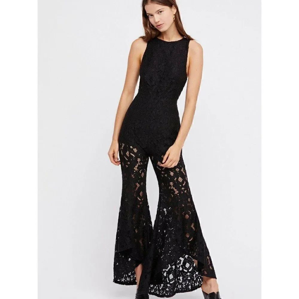 NEW FREE PEOPLE Sz 2 RISE & SHINE LACE JUMPSUIT FLARE BELL BOTTOM BLACK